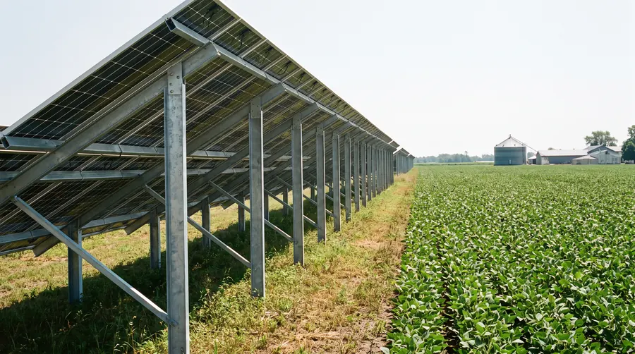 Rows of ground-mounted solar panels beside a soybean field and a grain bin
