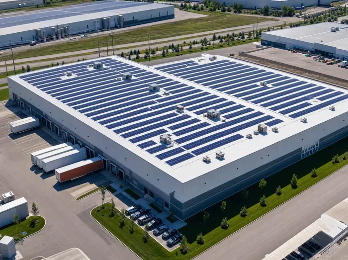 Aerial view of a warehouse roof covered in rows of solar panels